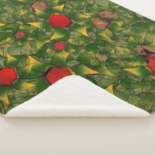 Green carved virtual petals, leafy and red hexagon sherpa blanket