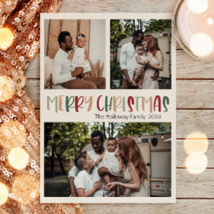 Green Casual Colourful Christmas Bold Three Photo Holiday Postcard