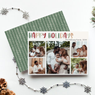 Green Casual Colourful Happy Holidays Three Photo Holiday Card