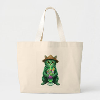Green cat drinking ice large tote bag
