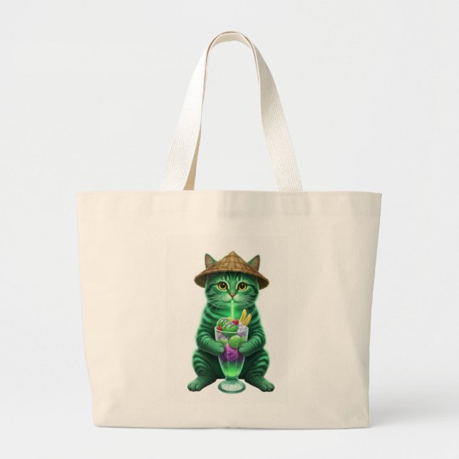 Green cat drinking ice  large tote bag (Front)