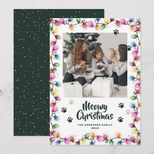 Green Cat Paws Christmas Lights Photo Meowy Holiday Card