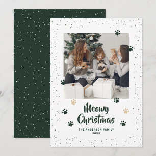 Green Cat Paws Snow Photo Meowy Christmas Card