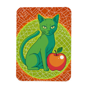 Green Cat with Apple – Colour Pop Fridge Magnet