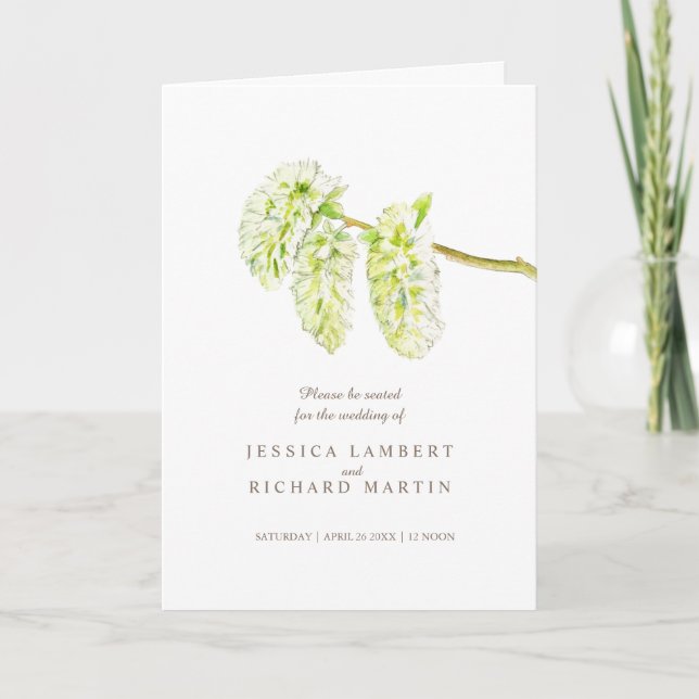 Green catkins watercolor art wedding program (Front)