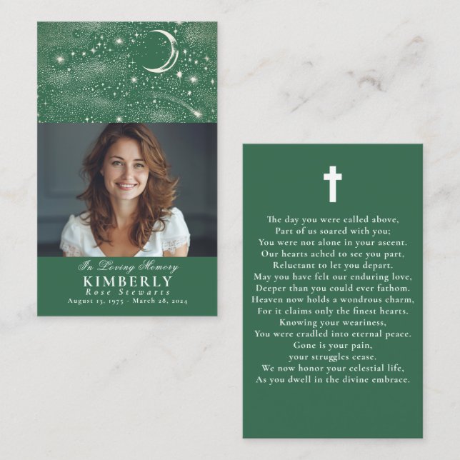 Green Celestial Funeral Memorial Prayer Photo Card (Front/Back)
