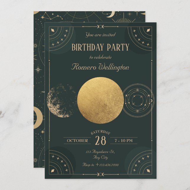 Green celestial Moon mystical birthday Invitation (Front/Back)