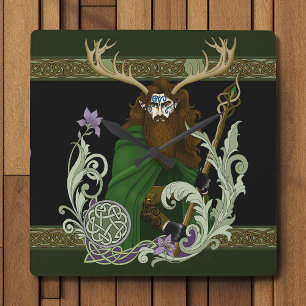 Green Celtic Antlers Man  Square Wall Clock