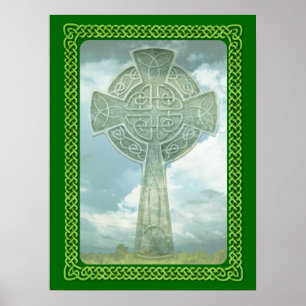 Green Celtic Cross And Clouds Poster