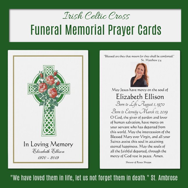 Green Celtic Cross Funeral Memorial Prayer  (irish Celtic Cross Memorial Prayer Cards)