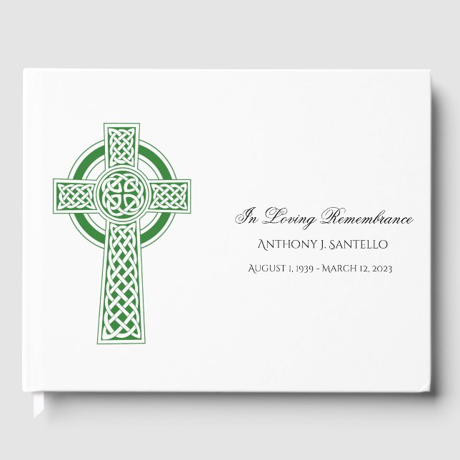 Green Celtic Cross Irish Memorial Funeral Guest Book (Front)