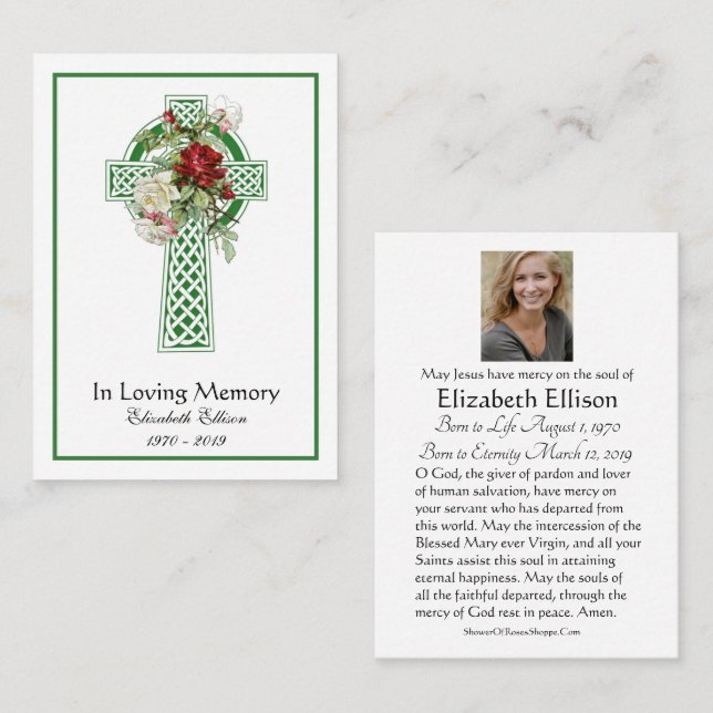 Green Celtic Cross Roses Funeral Memorial Prayer  Place Card (Front/Back)