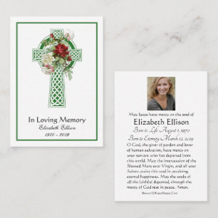 Green Celtic Cross Roses Funeral Memorial Prayer  Place Card