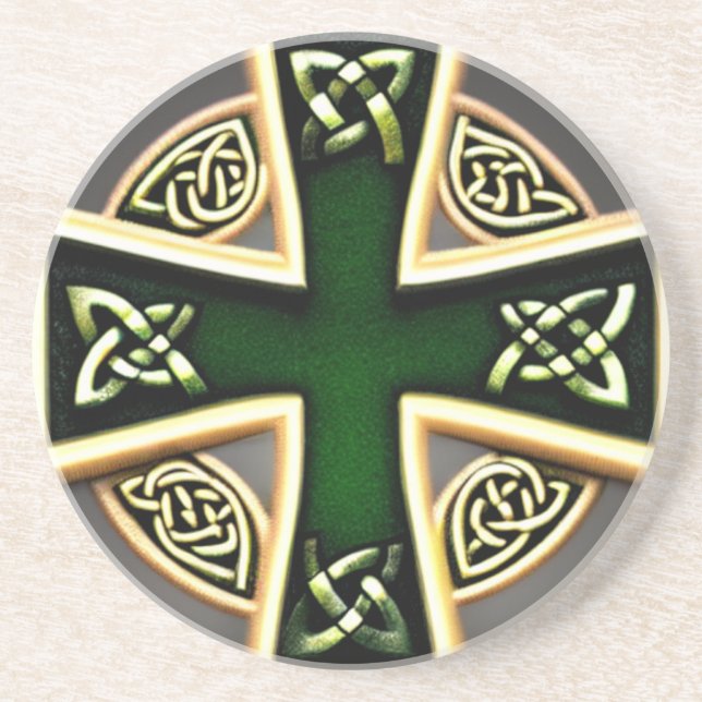 Green Celtic Cross Sandstone Coaster (Front)