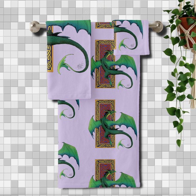 Green Celtic Dragon Purple Fantasy Knotwork Bath Towel Set (Creator Uploaded)