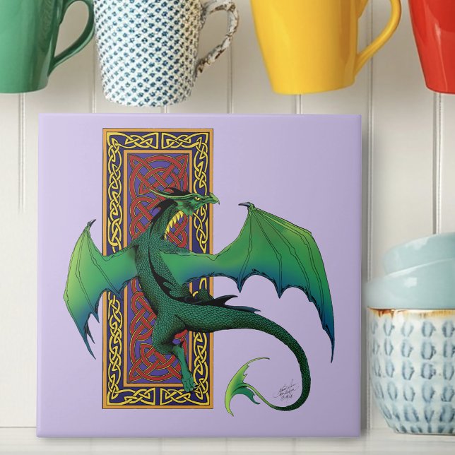 Green Celtic Dragon Purple Fantasy Knotwork Ceramic Tile (Creator Uploaded)