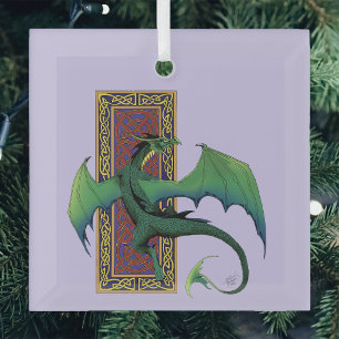 Green Celtic Dragon Purple Fantasy Knotwork Glass Tree Decoration