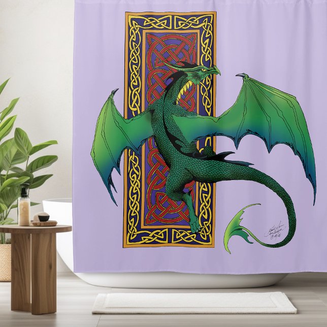 Green Celtic Dragon Purple Fantasy Knotwork Shower Curtain (Creator Uploaded)