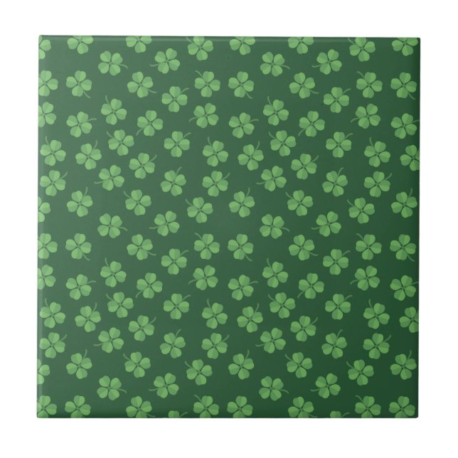 Green Celtic Irish Four Leafed Clovers St. Patrick Ceramic Tile (Front)