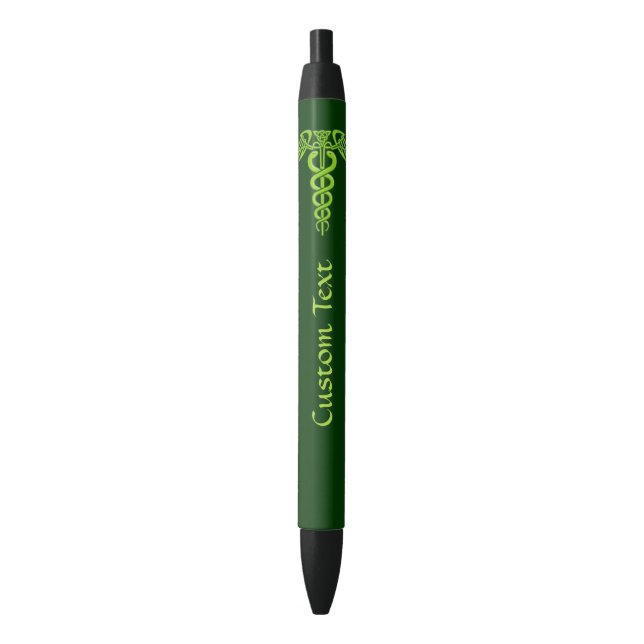 Green Celtic Knot Caduceus Black Ink Pen (Front Vertical)