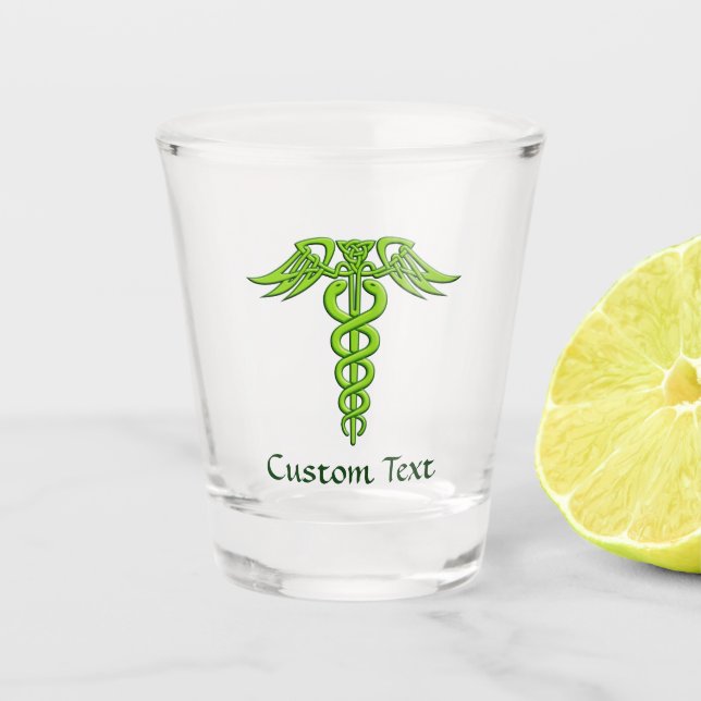 Green Celtic Knot Caduceus Shot Glass (Front)