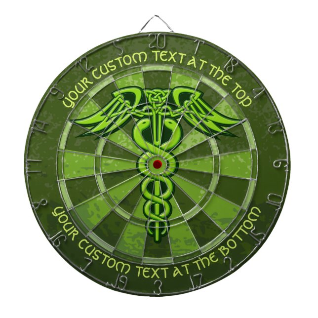 Green Celtic Knot Caduceus with Custom Text Dartboard (Front)