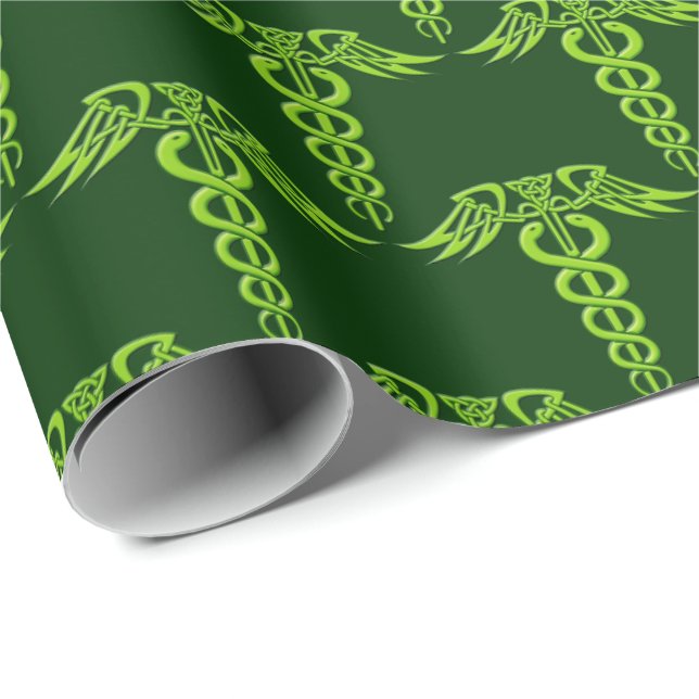 Green Celtic Knot Caduceus Wrapping Paper (Roll Corner)
