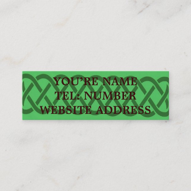 Green Celtic knot on light green Mini Business Card (Front)