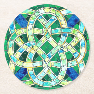 Green Celtic Knot Stone Mosaic Round Paper Coaster