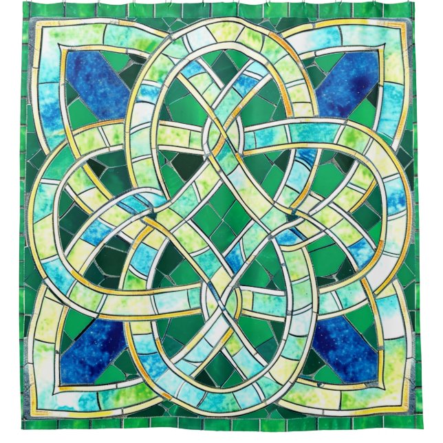 Green Celtic Knot Stone Mosaic Shower Curtain (Front)