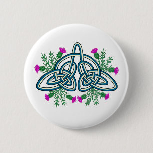 Green Celtic Knot with Purple Scottish Thistles 6 Cm Round Badge