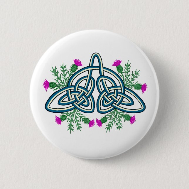 Green Celtic Knot with Purple Scottish Thistles 6 Cm Round Badge (Front)