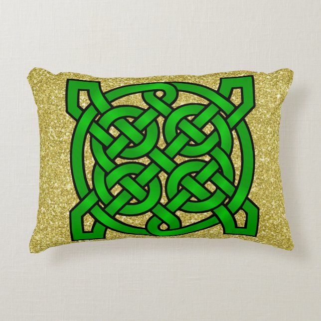 Green Celtic Knots Gold Faux Glitter Decorative Cushion (Front)