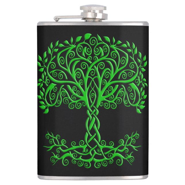 Green Celtic Tree Of Life Hip Flask (Front)