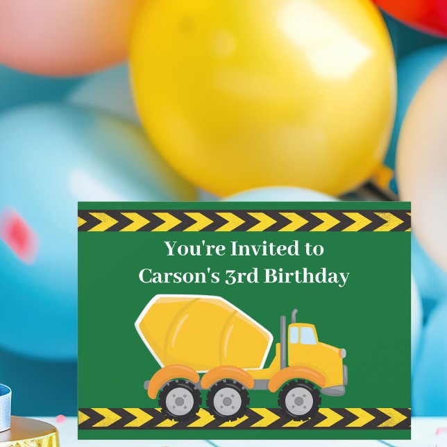 Green Cement Mixer Truck Boys Birthday Party Invitation (Creator Uploaded)