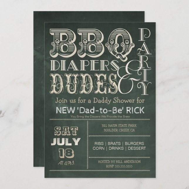 Green Chalkboard BBQ Diapers & DUDES Baby Shower Invitation (Front/Back)