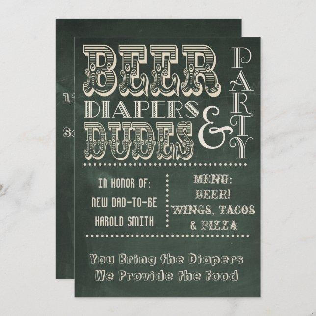 Green Chalkboard Beer Diapers & DUDES Baby Shower Invitation (Front/Back)