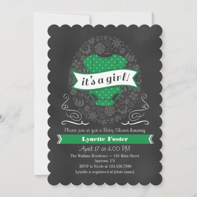 Green Chalkboard Girl Baby Shower Invite (Front)