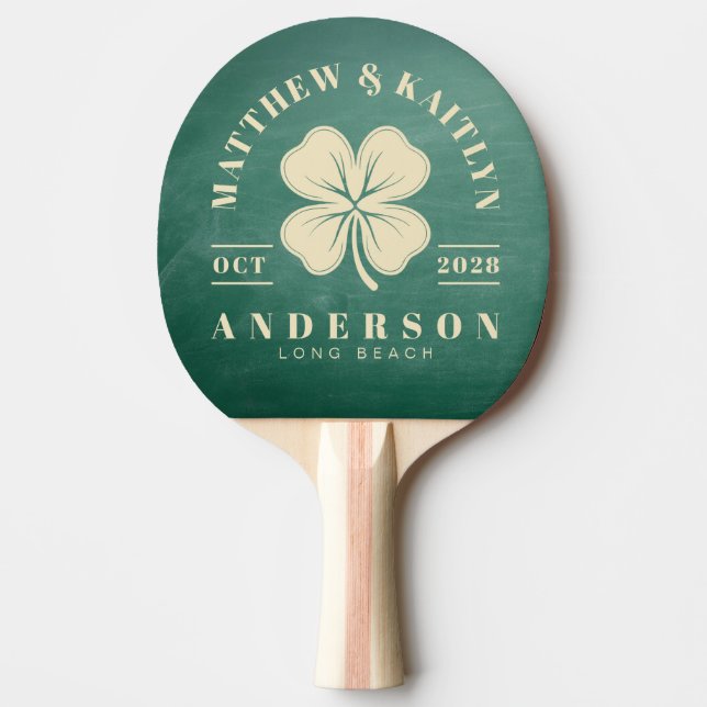 Green Chalkboard Irish Clover Wedding Crest Ping Pong Paddle (Front)