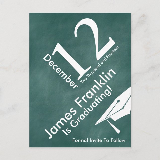 Green Chalkboard Trendy Save The Date Graduation Announcement Postcard (Front)