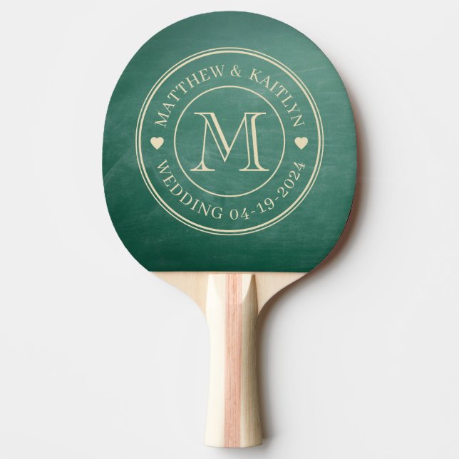 Green Chalkboard Wedding Monogram Heart Ping Pong Paddle (Front)