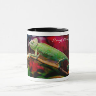 Green chameleon on the branch mug