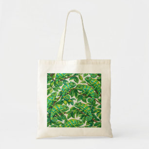 Green Chameleons on Leafy Branches Jungle Pattern Tote Bag