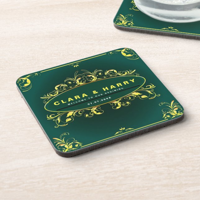Green champagne gold vintage floral wedding  coaster (Left Side)
