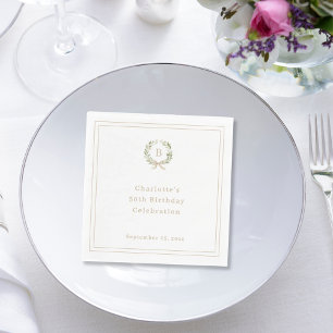 Green champagne monogram wreath birthday luncheon napkin