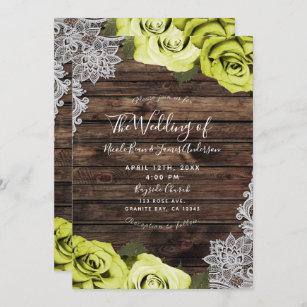 Green Chartreuse Floral Roses Wood Lace Wedding Invitation
