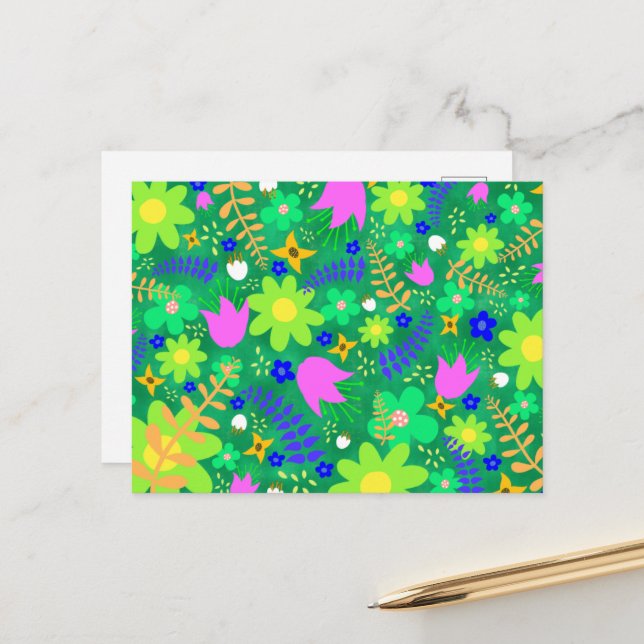 Green, Chartreuse, Pink, Parakeet   Holiday Postcard (Front/Back In Situ)