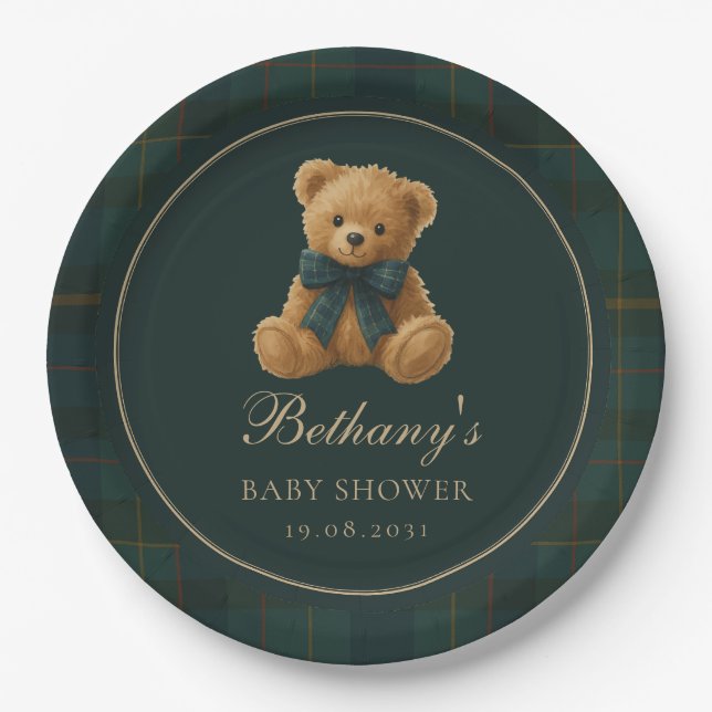 Green Check Polo Teddy Bear Baby Shower Paper Plate (Front)