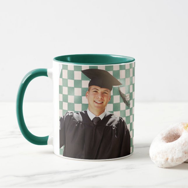 Green Checkered Custom Photo Men Graduation Mug (With Donut)