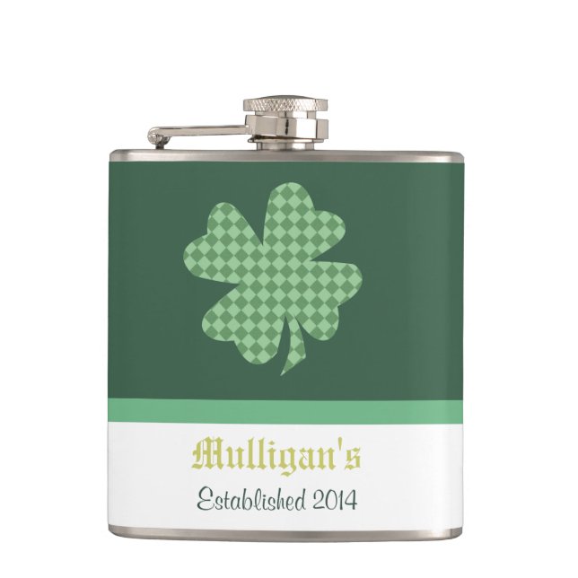 Green Checks Shamrock Personalised Hip Flask (Front)